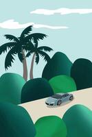 vektor landskap illustration med kullar, palmer och en ridning sporter bil