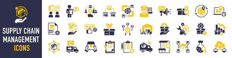 einstellen von Symbole verbunden zu liefern Kette Management, Wert Kette, Logistik, Lieferung, Herstellung, Handel. Symbol Sammlung. Vektor Illustration.