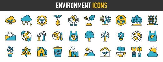 uppsättning av miljö ikoner. sådan som spara jorden, regn, förnybar energi, temperatur. vektor ikon illustration