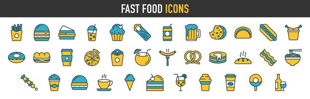 snabb mat ikon uppsättning. som innehåller hamburgare, pizza, varm hund, franska pommes frites, smörgås, glass, dryck, soda, korv, burrito, taco och nachos. restaurang vektor fast ikoner samling.