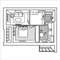 hand dragen vektor illustration av en två sovrum lägenhet, 3d planen layout