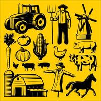 Bauern und Bauernhof Tiere auf ein Gelb Hintergrund. vektor