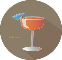 Hand gezeichnet Vektor Illustration von ein Papier Flugzeug Alkohol Bourbon und Amaro Cocktail mit ein Blau Papier Flugzeug Dekoration, im ein braun Kreis mit ein Schatten und das Text. Bar Speisekarte