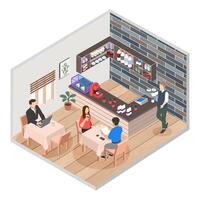 Vektor isometrisch Illustration von ein Cafe Innere mit Sitzung Besucher