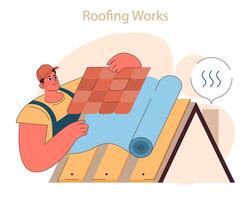 Überdachung funktioniert Konzept. detailliert Illustration von ein Dachdecker Installation Fliesen, vektor