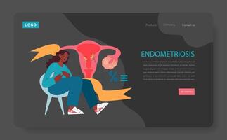 endometrios mörk eller natt läge webb, landning. kvinna med endometrios vektor