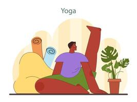 Hem yoga illustration. en man praxis en yoga utgör i en fredlig Hem miljö. vektor