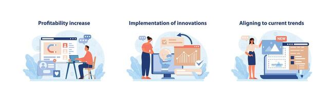 lönsamhet och innovation strategier uppsättning. vibrerande vektor illustrationer skildrar vinst tillväxt.