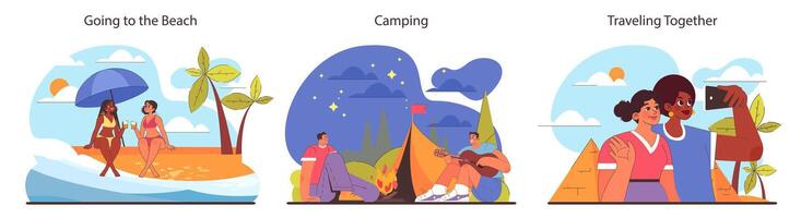 freunde Aktivitäten Satz. Strand Entspannung, Camping unter Sterne, und geteilt Reise Erkundungen. vektor