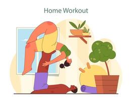 Zuhause trainieren Illustration. ein heiter Innen- Szene abbilden ein Frau im ein Yoga Pose. vektor