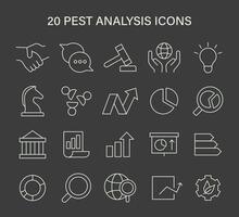 Pest Analyse Symbol Satz. visuell Metaphern zum Geschäft Strategie Komponenten. politisch, wirtschaftlich, Sozial, technologisch Faktoren. vektor