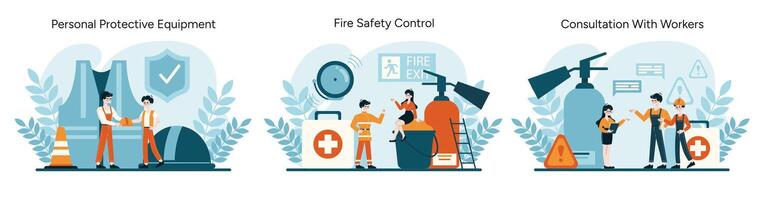 fördelnings personlig skyddande redskap, säkerställa brand säkerhet, och underlättande arbetstagare samråd vektor