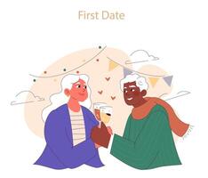 zuerst Datum. froh Alten Paar Teilen ein Toast auf ihr zuerst Datum vektor