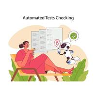 ai i utbildning visa upp automatiserad testa kontroll med en robot. platt vektor illustration