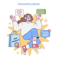 engagerad shopper åtnjuter interaktiv produkt demo. platt vektor illustration.