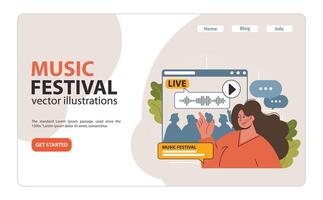 jung Frau interagieren mit ein Leben Musik- Festival streamen. eben Vektor Illustration