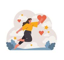 glad kvinna stigande bland moln, innehav en hjärta symbol. platt vektor illustration