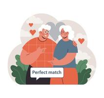 äldre par strålar glädje, upptäcka deras perfekt match. platt vektor illustration