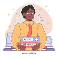 ansvarighet. tillägnad manlig anställd innehar rapporter, betecknande ansvar vektor