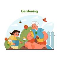 generationsübergreifend Gartenarbeit. eben Vektor Illustration