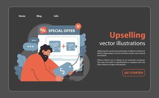 Upselling Konzept. vertieft Mann Analysieren ein Digital Besondere Angebot vektor