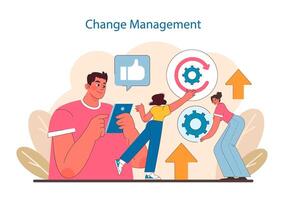 Veränderung Verwaltung im es Projekt Management. visualisiert das Anpassung Verfahren, Umarmen Innovation, und Umsetzung Verbesserungen. vektor