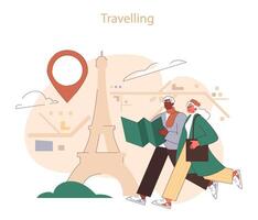 Reisen im Ausland. Alten Paar erkunden Paris, Karte im Hand in der Nähe von vektor