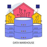 Daten Lagerhaus. zentralisiert Daten Lager Systeme mit fortgeschritten Konnektivität. vektor