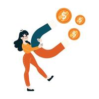 ein Geschäftsfrau anziehen Geld mit ein Magnet, symbolisieren profitieren und Investition Erfolg vektor
