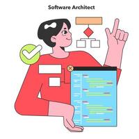 ein Software Architekt mit ein Meister planen, Weberei kompliziert Systeme und gewährleisten jeder Code Block passt perfekt in das Digital Tapisserie von es vektor