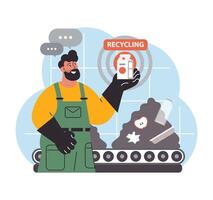 Arbeiter Vitrinen ein Recycling. eben Vektor Illustration.