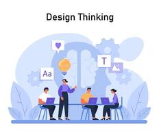 Design Denken Prozess Illustration. Mannschaft kooperiert auf kreativ Lösungen, umgeben durch Symbole von Innovation, Kommunikation, und Design Elemente vektor