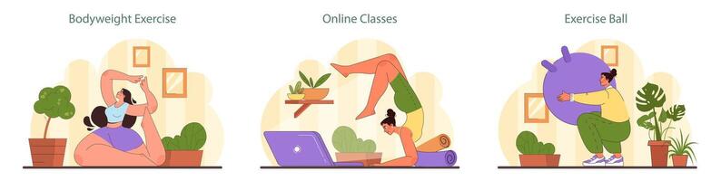 Zuhause trainieren Satz. einnehmend im Körpergewicht Übungen, virtuell Klassen. vektor