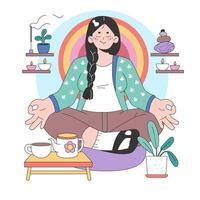 Meditation Moment im ein gemütlich Ecke. eben Vektor Illustration