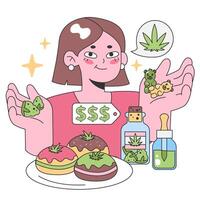 jung Frau erkunden Cannabis Freuden. eben Vektor Illustration.