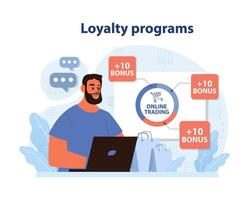 zuversichtlich Mann einnehmend mit online Loyalität Programme, verdienen Bonus Punkte zum online Handel. vektor