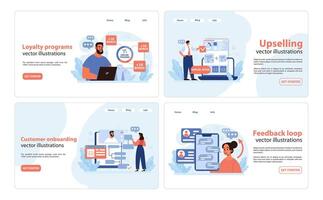 företag strategier uppsättning. yrkesverksamma utforska lojalitet program, initierar upselling taktik. vektor
