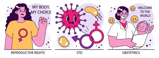 reproduktiv hälsa uppsättning. graviditet övervakning och gynekologi sjukdom vektor