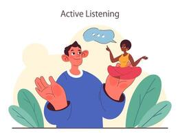 aktiva lyssnande skicklighet. uppmärksam företag karaktär eller anställd mjuk vektor