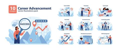 karriär befordran uppsättning utforskar professionell tillväxt, visa upp befordran. vektor