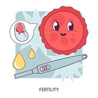 Fruchtbarkeit. Smiley Ovum Jahrgang Karikatur Charakter visualisiert ein Baby. positiv vektor