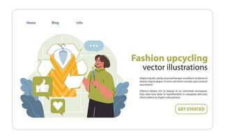 mode upcycling vektor illustration. en glad person engagerar med upcycled Kläder.