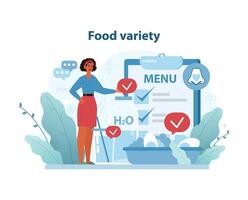 diet- val illustration. en kvinna står förbi en olika mat meny och vatten. vektor