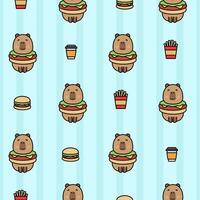 vektor sömlös mönster med rolig bebis capybaras med snabb mat. hamburgare, frites och en dryck