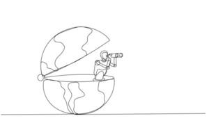 Karikatur von Vektor Roboter Chatbot, ai im Wissenschaft und Geschäft öffnen Globus mit Teleskop suchen zum Vision zu Neu Gelegenheit