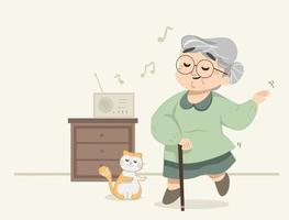 süße Oma tanzt zu dem Lied im Radio. Kleine Katze, die sich Oma beim Tanzen anschließt. niedliche moderne flache Vektorillustration. vektor