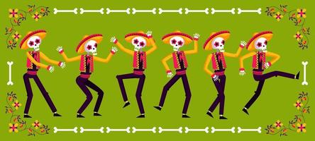 Charaktere von tanzenden Skeletten mit mexikanischen Hüten vektor