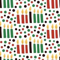 Süßes Kwanzaa nahtloses Muster mit sieben Kinara-Kerzen und Punkten in traditionellen afrikanischen Farben - schwarz, rot, grün auf weiß. Vektor kwanzaa Urlaub kindisch Hintergrunddesign