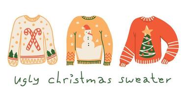 uppsättning fula jultröjor. söta och roliga traditionella stickade tröjor dekorerade med julgran, snögubbe och godis. handritad tecknad stil vektorillustration vektor