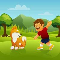 Junge spielt mit seinem Hund auf dem Feld vektor